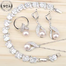 Ladies Simulated-Pearl White CZ Stones Leaf 925 Sterling Silver Jewelry Sets Earrings/Pendant/Necklace/Rings/Bracelets For Women Ladies Simulated-Pearl White CZ Stones Leaf 925 Sterling Silver Jewelry Sets Earrings/Pendant/Necklace/Rings/Bracelets For Women