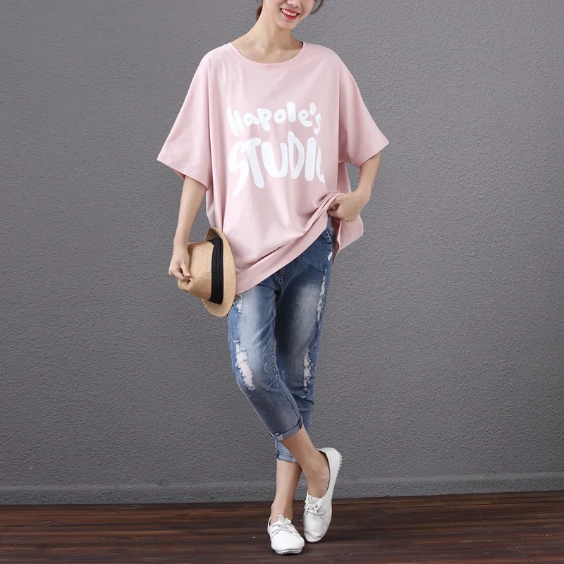 Летняя футболка размера плюс с коротким рукавом женская футболка с буквенным принтом Корейская свободная длинная хлопковая Футболка с рукавом летучая мышь