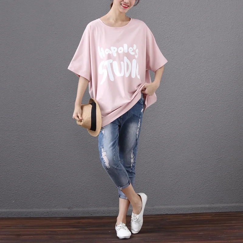 

2019 Summer Plus Size Short Sleeve Women T-shirt Letter Print Shirt Korean Loose Long Pattern Cotton Batwing Sleeve T-shirt