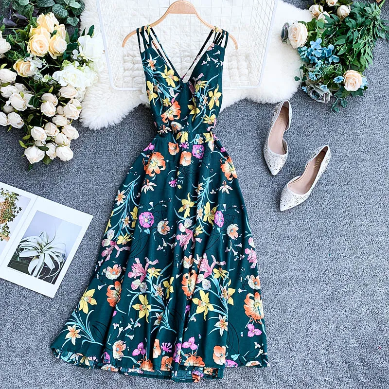 OCEANLOVE Print Bohemian Chiffon Summer Dress Women Backless A-line Sexy Dresses 2020 High Waist V-neck Slim Vestidos 12161