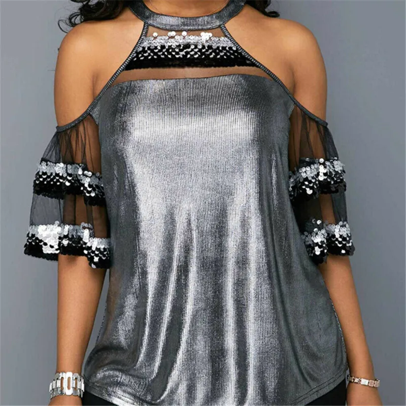 

Women Short Sleeve Loose T Shirts Fashion Ladies Mesh Sleeve Patchwork T Shirt 2019 Sequins Crew Neck Summer Casual Tops T-shirt