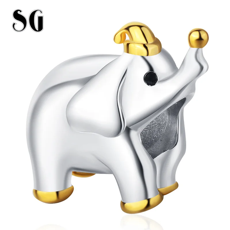 

SG HOT New Design 925 Sterling silver Cute Elephant charms with Gold Hat Beads Fit European Bracelet for Women 2019 Girl Jewelry