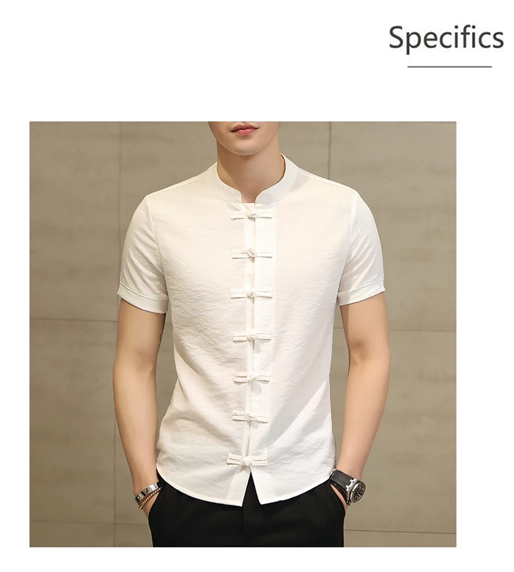 Новая мужская китайская винтажная рубашка с воротником-стойкой, приталенная хлопковая льняная рубашка с коротким рукавом, белая, красная, черная Повседневная рубашка, топы