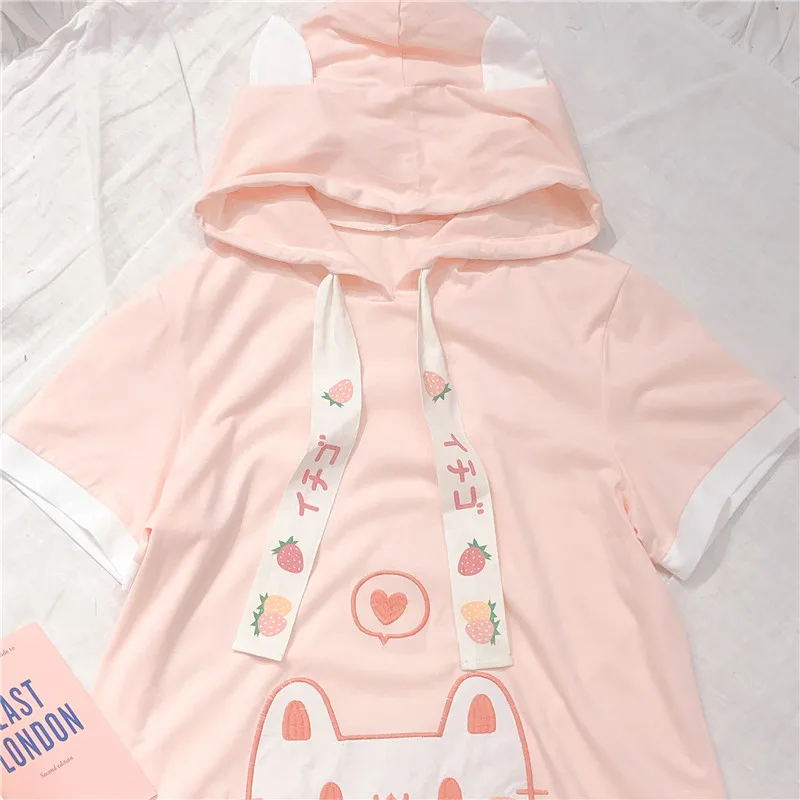 Harajuku/Милая женская футболка с капюшоном и рисунком динозавра; футболка с короткими рукавами; Kawaii Girl; студенческий пуловер; летние розовые и белые рубашки