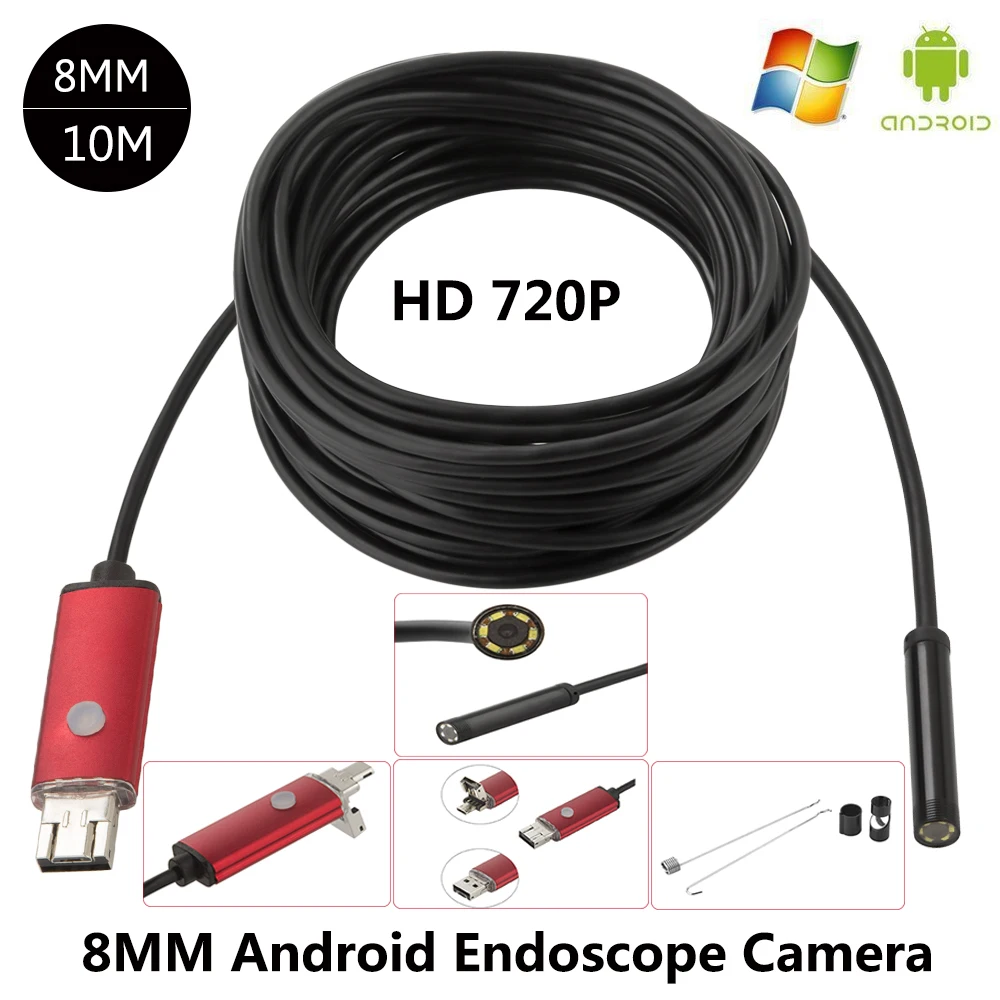 JCWHCAM HD 2 In 1 USB Endoscope Camera Waterproof 10M Long Cable 8mm