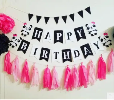 cartoon lovely panda felt happy birthday banner bunting garland for