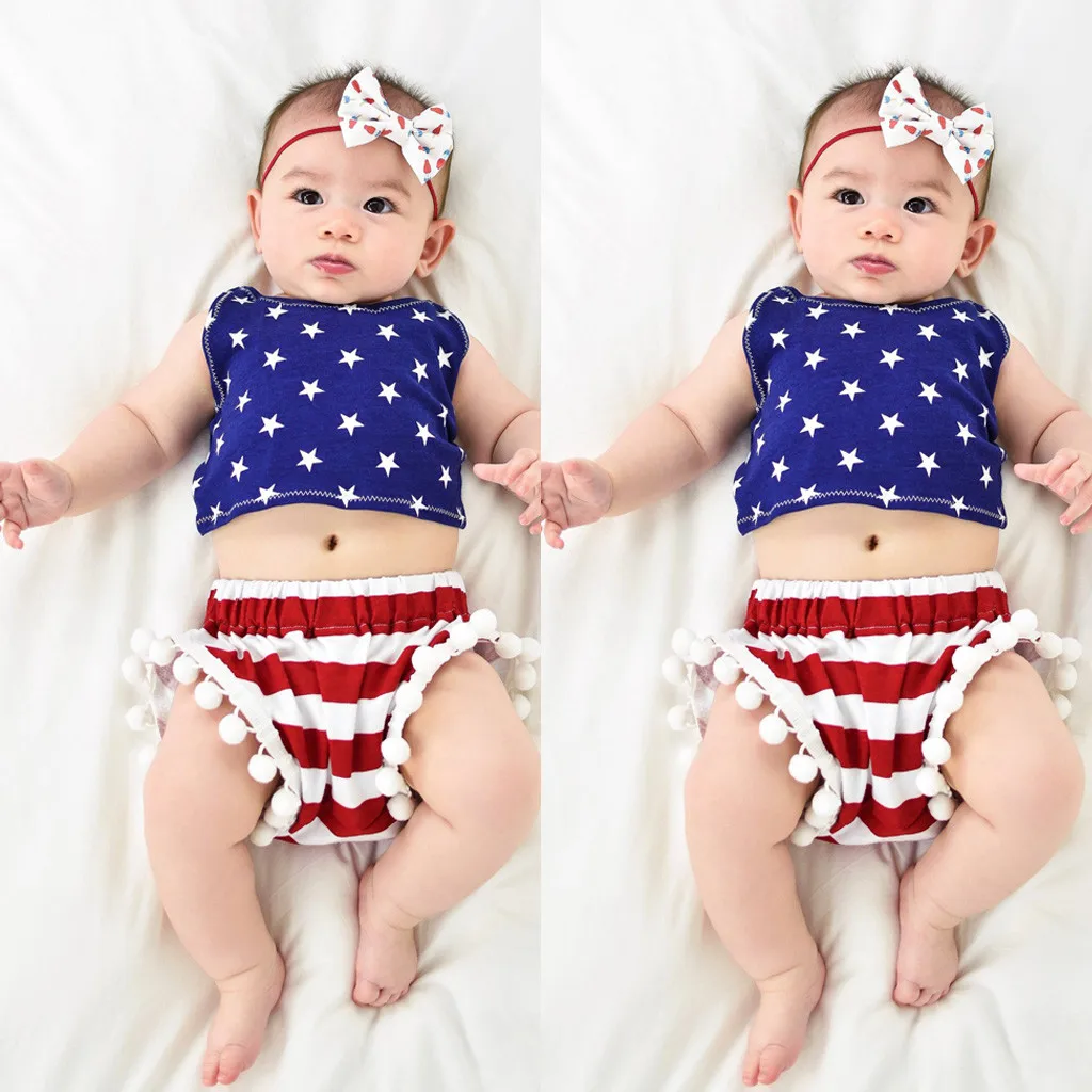 

Toddler Kids Baby Girl clothes set 4th of July Stars Vest Tops Stripe Shorts Outfit Setbaby Girls clothes set
