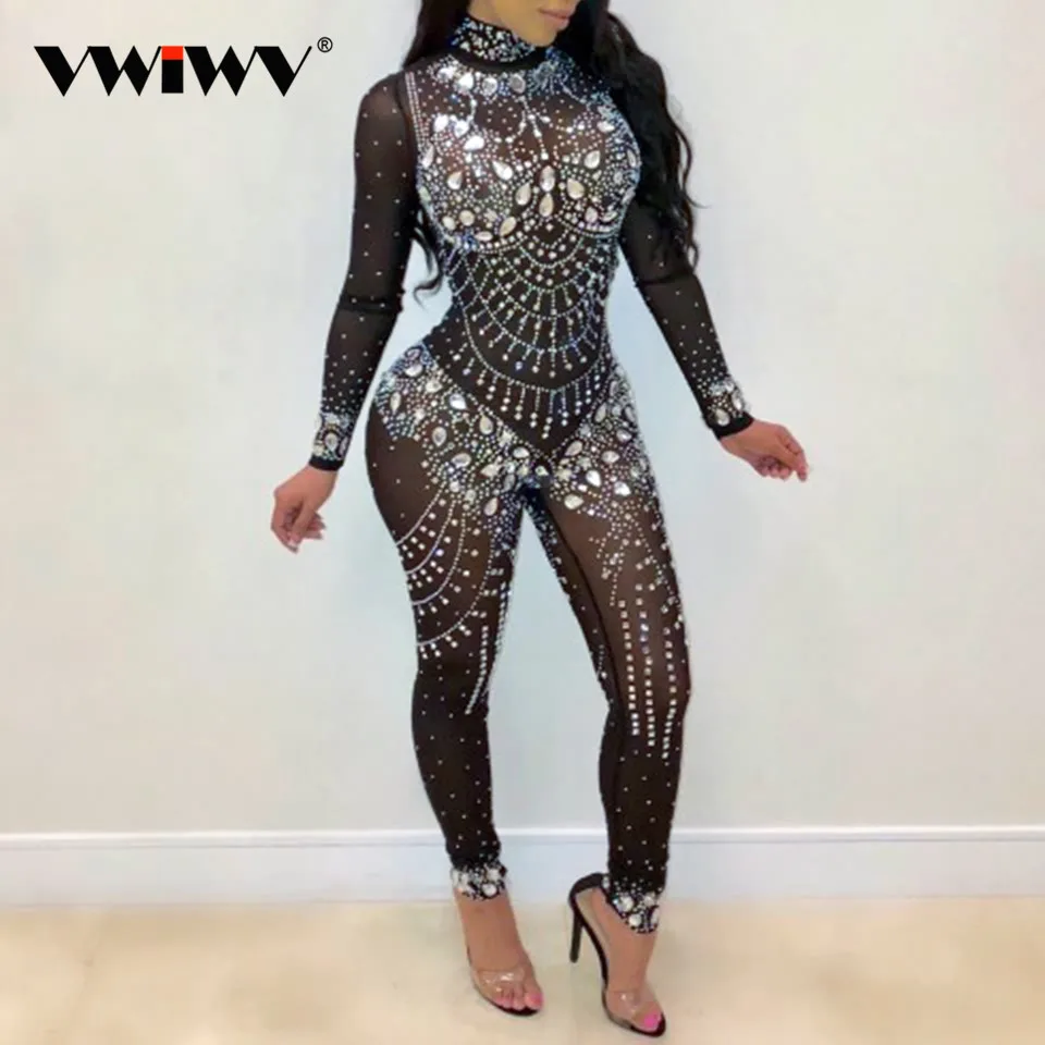 VWIWV Women Mock Neck Jumpsuit Sequin Rhinestone Diamonds Jumpsuits Long Sleeve Skinny Bodysuits Clubwear Party One Piece Romper VWIWV Women Mock Neck Jumpsuit Sequin Rhinestone Diamonds Jumpsuits Long Sleeve Skinny Bodysuits Clubwear Party One Piece Romper