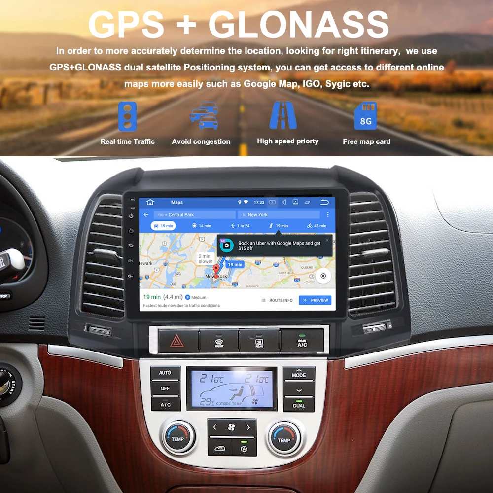 Top 1 din Android 9.0 Car Radio for Hyundai Santa Fe GPS Navigation 2006 2007 2008 2009 2010 2011 with 9" Touch Screen 1080P 1