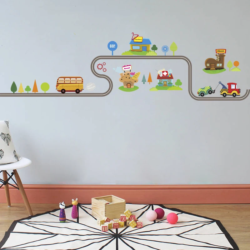 Cartoon Cars Highway Track Wall Stickers For Kids Rooms Sticker Children's Play Room Bedroom Decor Wall Art Decals