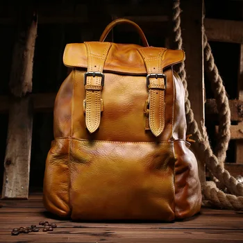 

New Men's Backpack Genuine Leather Backpacks High Quality Student Bagpacks Men Rucksack Bagpack Mochila Retro Yellow