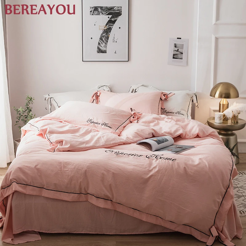 

Nordic Comforter Bedding Sets Washed Cotton Kids room Bed sheet Home Textiles Simple Bed Linings 4pcs Pillowcases Cover Set