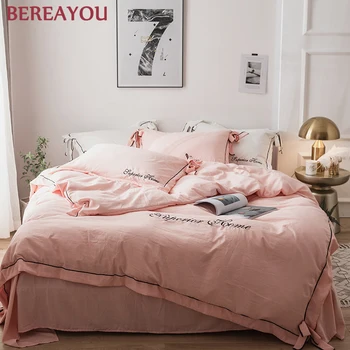 

Nordic Comforter Bedding Sets Washed Cotton Kids room Bed sheet Home Textiles Simple Bed Linings 4pcs Pillowcases Cover Set