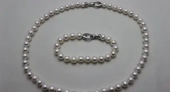 

High quality round white freshwater pearl sets 9-10mm 20&8INCH "Handmade" Alloy