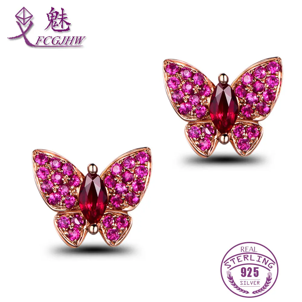 2017 Luxury Natural Anti-allergic Crystal Ruby Butterfly Stud Earrings for Women Fine Jewelry Wedding Gifts Fine Jewelry