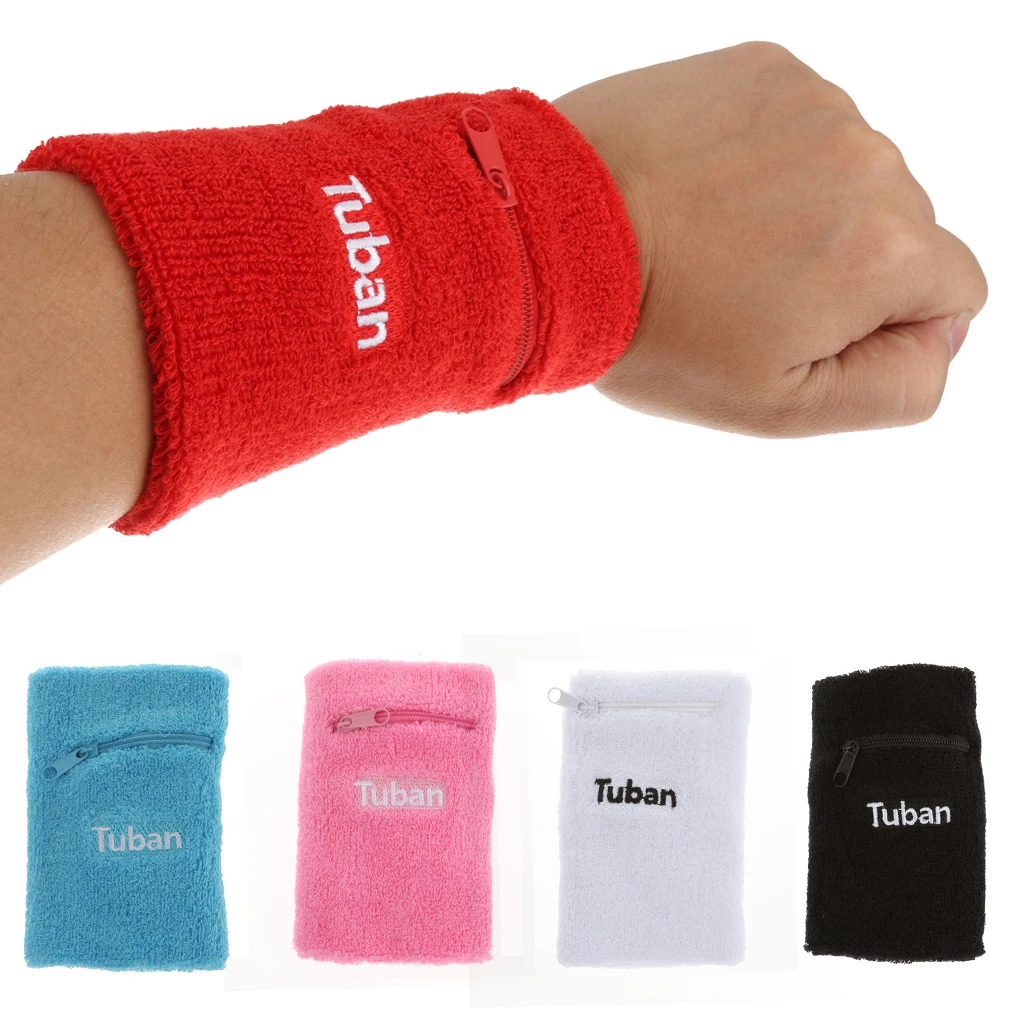 Soft Cotton Wristband with Zipper Pocket Sports Armband Sweatband