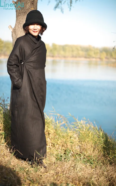 Льняная женская зимняя одежда черного цвета, лен, плотное хлопковое Стеганое пальто, пуховые парки, верхняя одежда