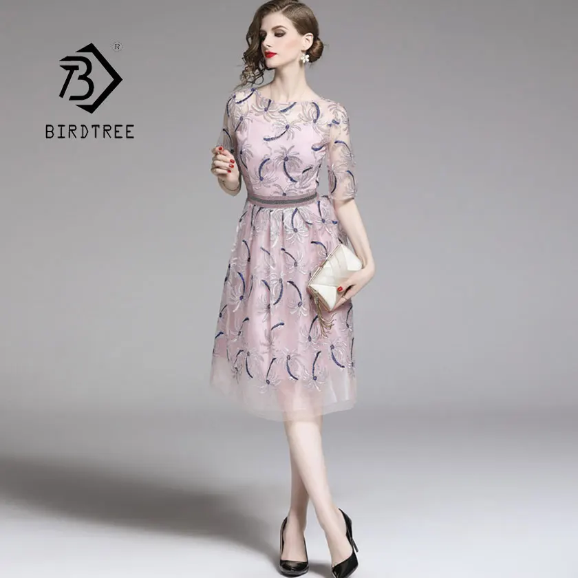 

2019 New Summer Women's Patchwork Mesh Embroidery Floral Dress O Neck High Waist Lady Zipper Vestido Vintage Hot Sale D94714Z