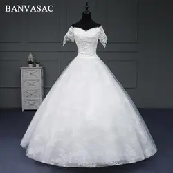 BANVASAC 2018 В шеи реальные фотографии с кружевной аппликацией Свадебные платья бальное платье с вышивкой короткий рукав Свадебные платья