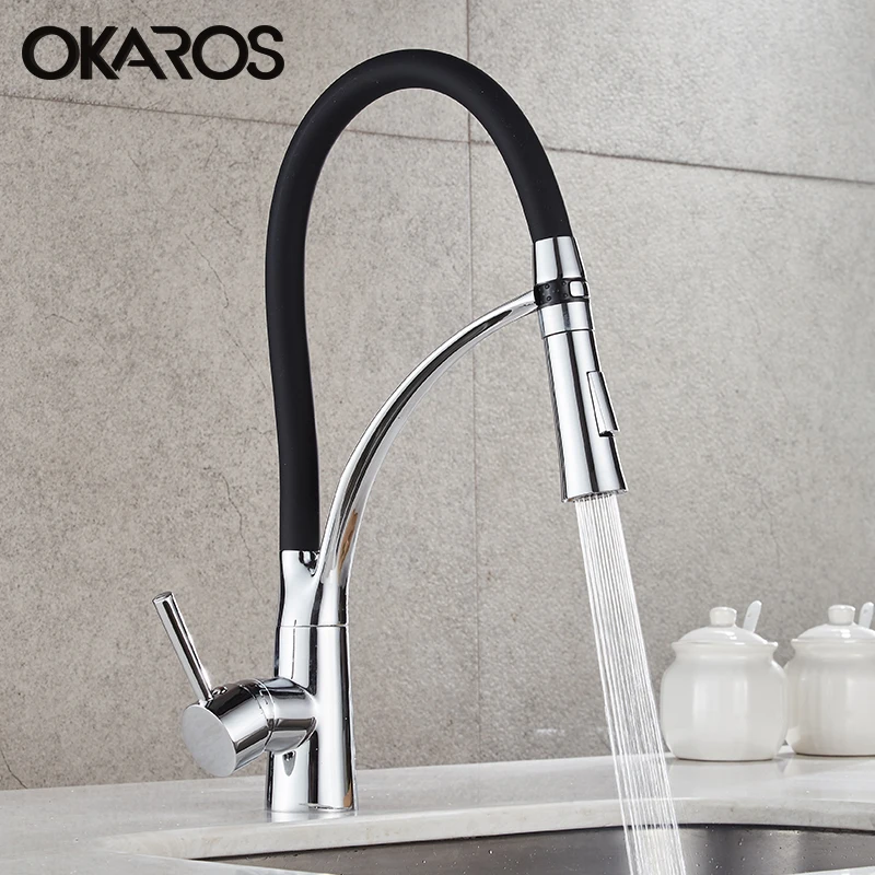  OKAROS Pull Out Kitchen Faucet Black Chrome Finish Dual Sprayer Nozzle Cold Hot Water Mixer Bathroo - 32746420933