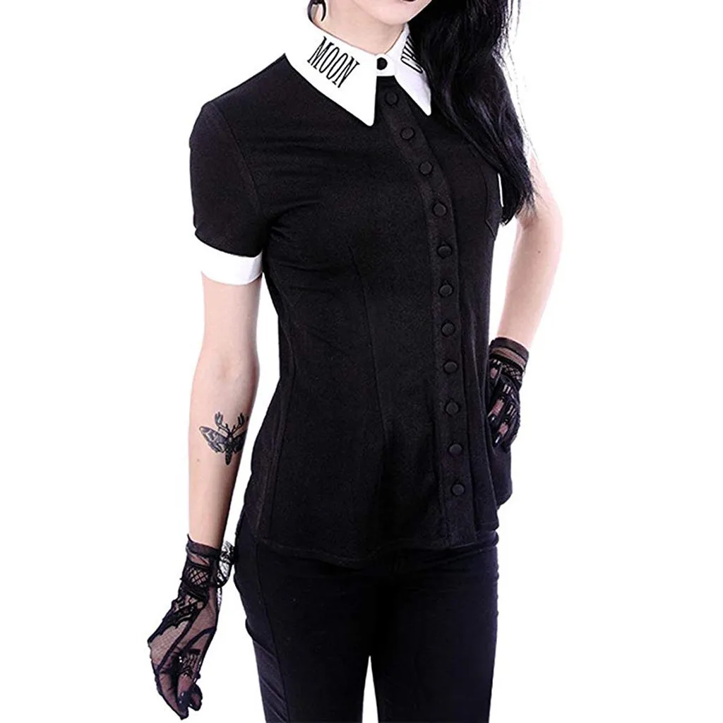 

JAYCOSIN Women Moon Print Gothic Punk Black V Neck Button Down Top Short Sleeve Shirt A Bit Formal Short Short Sleeve MAR21