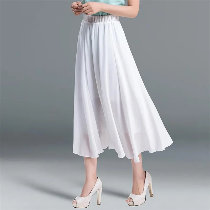 Женская шифоновая юбка с высокой талией, Длинная женская пляжная летняя богемная белая юбка, Saia Longa Faldas, длинная Плиссированная юбка размера плюс, 7XL, 6XL - Цвет: Белый