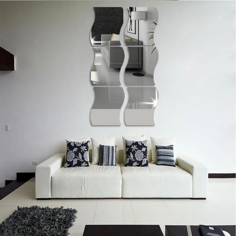 

1Set 10-30CM Silver Waves Shape Mirror Wall Sticker Removable Wall Stickers for Kids Rooms Living Room Decoration