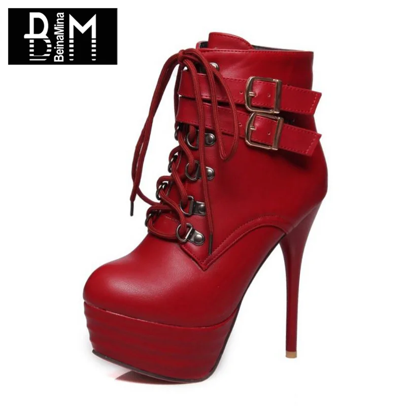 BEINAMINA Size 32 43 High Heels Women Boots Buckle Zipper Winter Shoes 