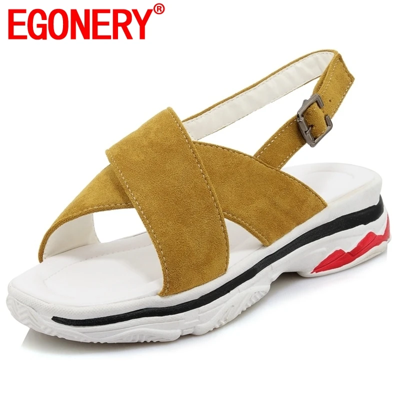 

EGONERY woman casual sandals good quality yellow pink black 3 color brand shoes back strap summer new style mid heel shoes 2019