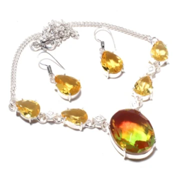 

Bi-Color,Citrines Necklace + Ering Silver Overlay over Copper , 44 cm, N4063