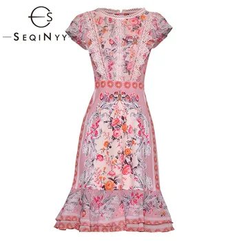 

SEQINYY Trumpet Dress 2019 Summer New Fashion Design Short Sleeve Flowers Printed Lace Ruffles Chiffon Sweet Pink Dress Knee