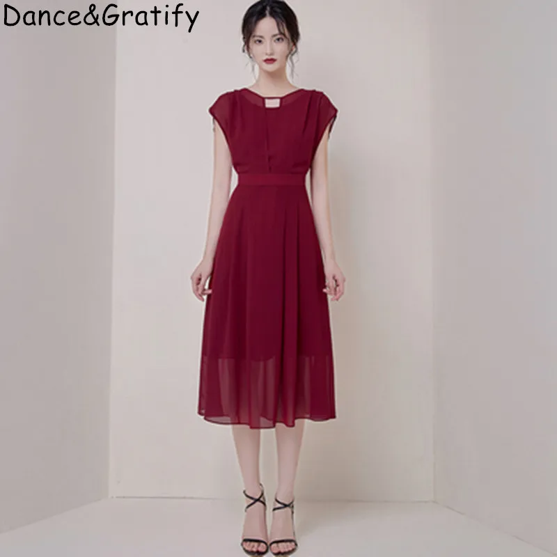 

Solid Casual Chiffon A-line Dress Women Elegant 2019 Summer New Short Sleeve Midi Sundresses