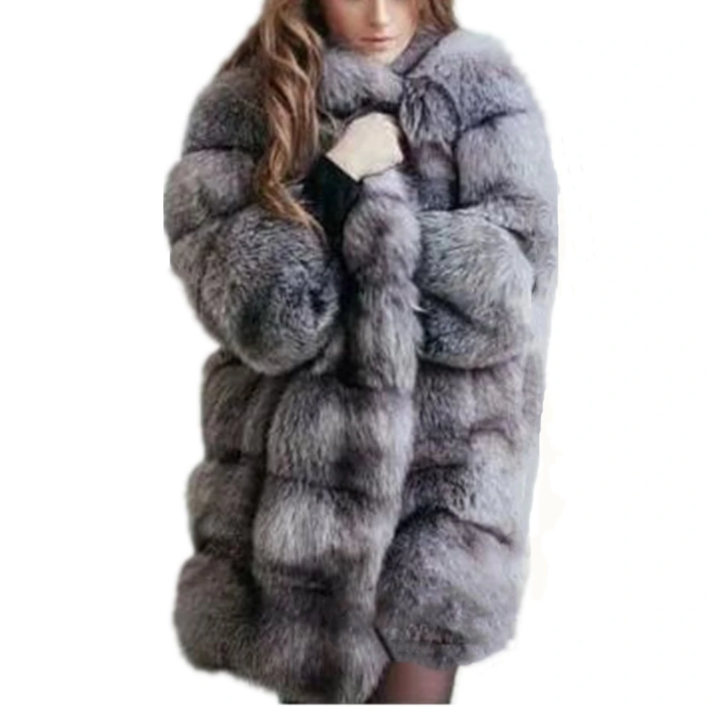 Женское плотное теплое меховое пальто с длинными рукавами и карманами, женские зимние куртки, пушистое пальто из искусственного меха, верхняя одежда, пальто с лисьим мехом - Цвет: Серый