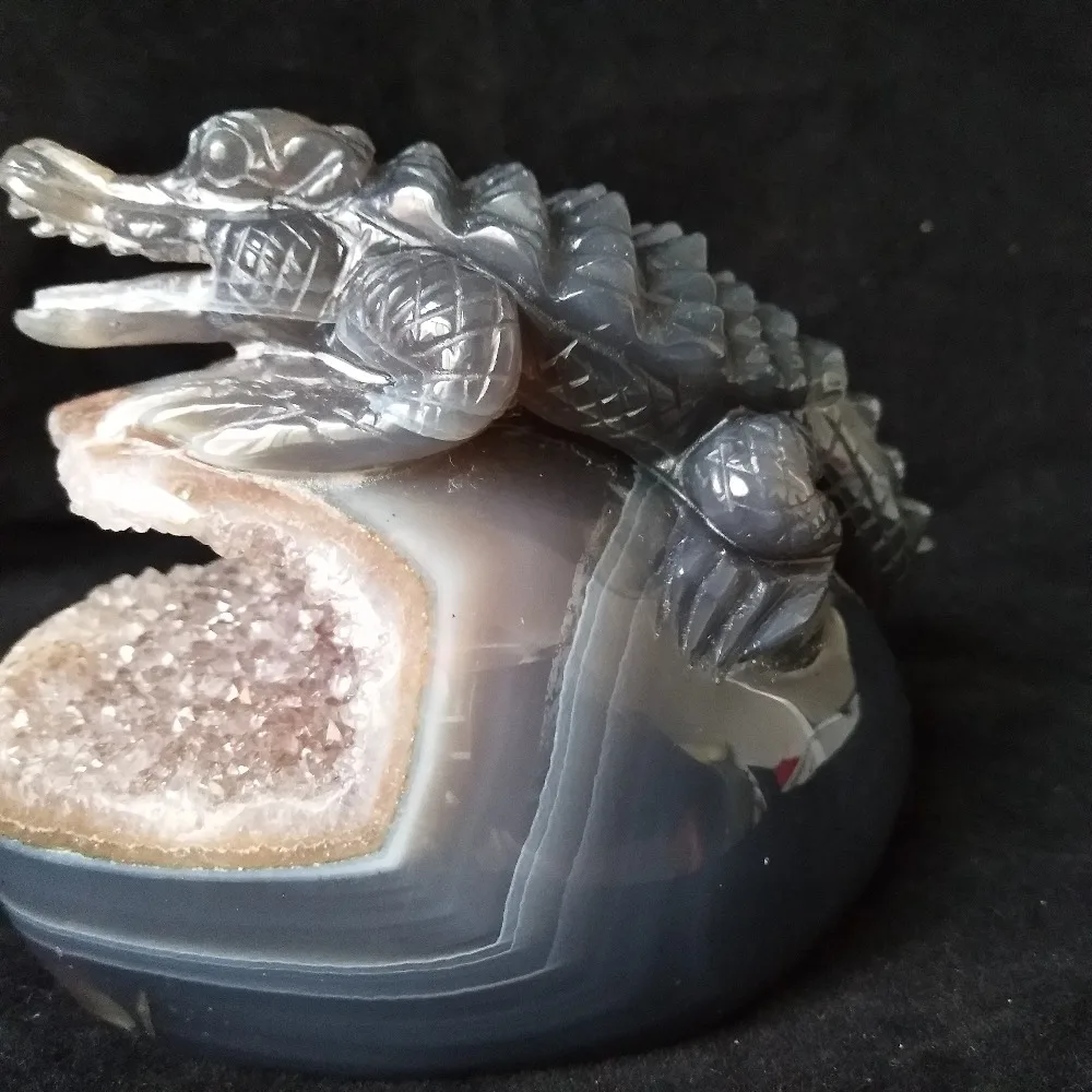 crocodile Sobek sculpture Natural Stone agate  geode Crystal clust hand engraving home decoration accessories Stone work Statue