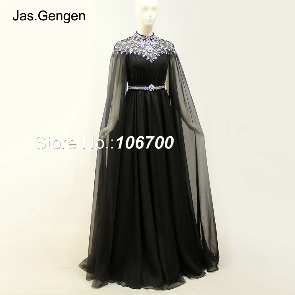 Arabian Style Crystal Beading Evening Dresses Full Length Sleeve Black Illusion High Neck Chiffon Prom Gown 1122