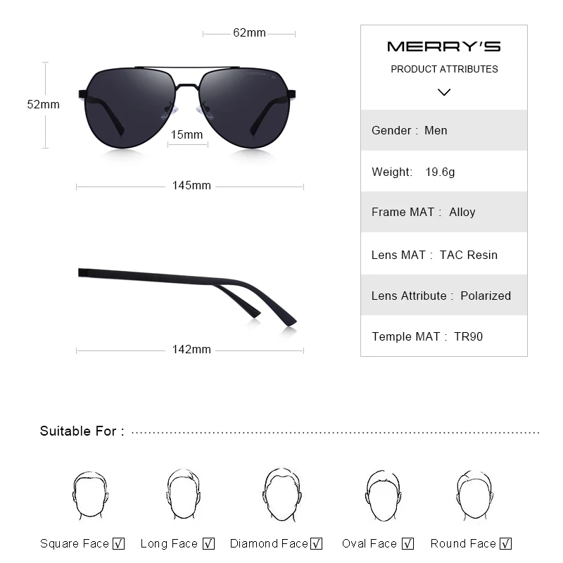 Kopen MERRYS ONTWERP Mannen Classic Pilot Zonnebril Luchtvaart Frame HD Gepolariseerde Zonnebril Voor Driving TR90 Benen UV400 Bescherming S8188