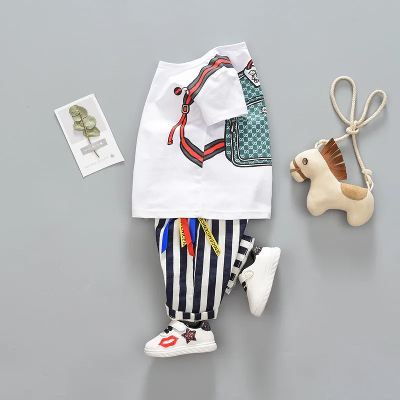 

2019 Summer Infant Baby Sets Boys Girls Cartoon Schoolbag Print Short Sleeve Pants Two Pieces Suit New Arrival Kids Clothes
