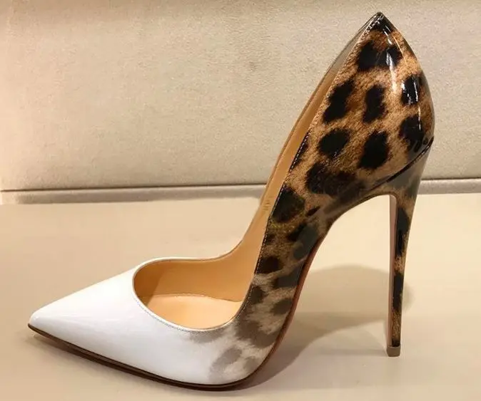 

Early spring new brand style leopard patent leather white pointed high heels shallow mouth stiletto catwalk dress shoes large si