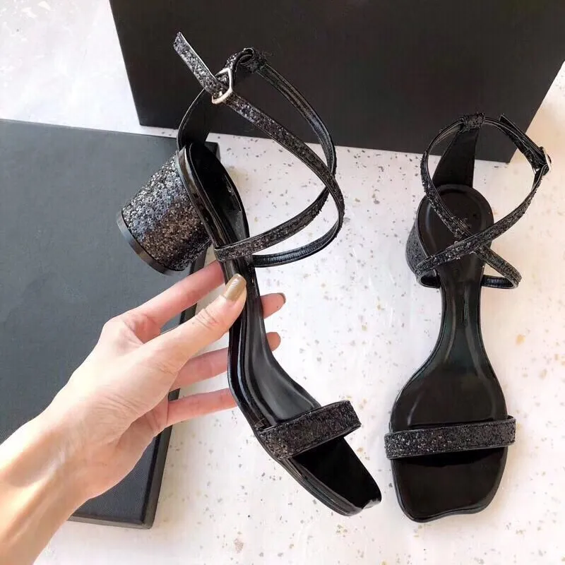 

2019 spring and summer new square head female sandals sequins round heel rhinestones open toe High heel Women's shoes obuv