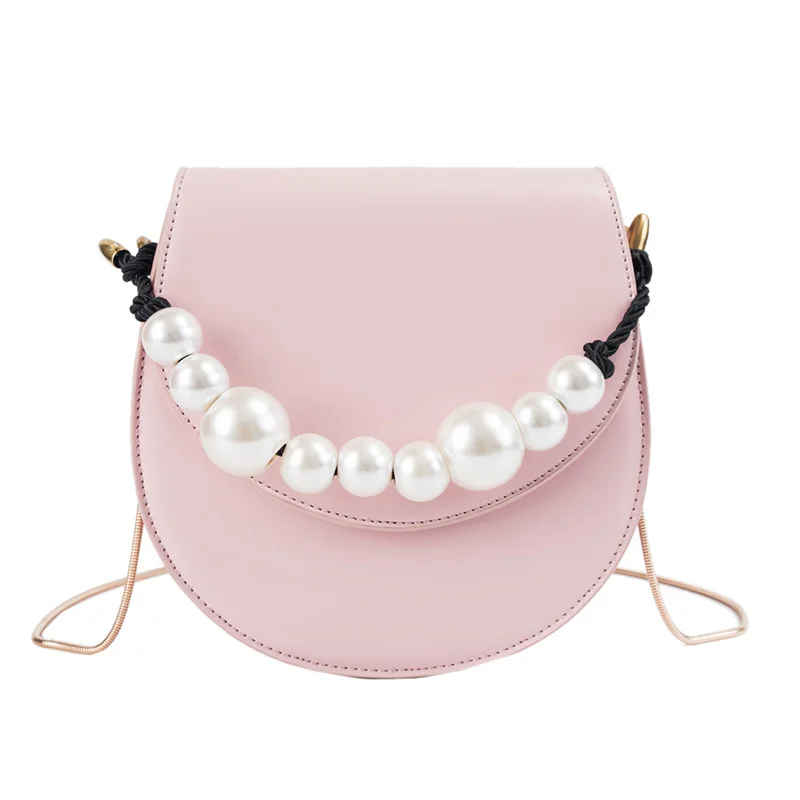 

Fashion semi-circular pearl handbag solid color pu Female hand shoulder diagonal package Covered simple street fashion handbag