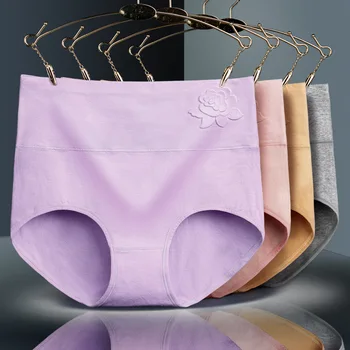 

Combination 4 pieces Cotton Panties High-rise Women Underwear Comfortable Breathable Rose Lingerie Control Waist Female Briefs