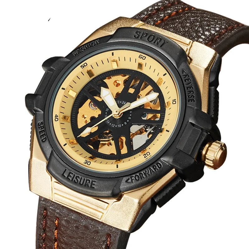 

Fashion Leisure Sport Automatic Mechanical Wrist Watches For Mens Clock Luxury Brand Leather Band Skeleton Dial Steel Mens Watch