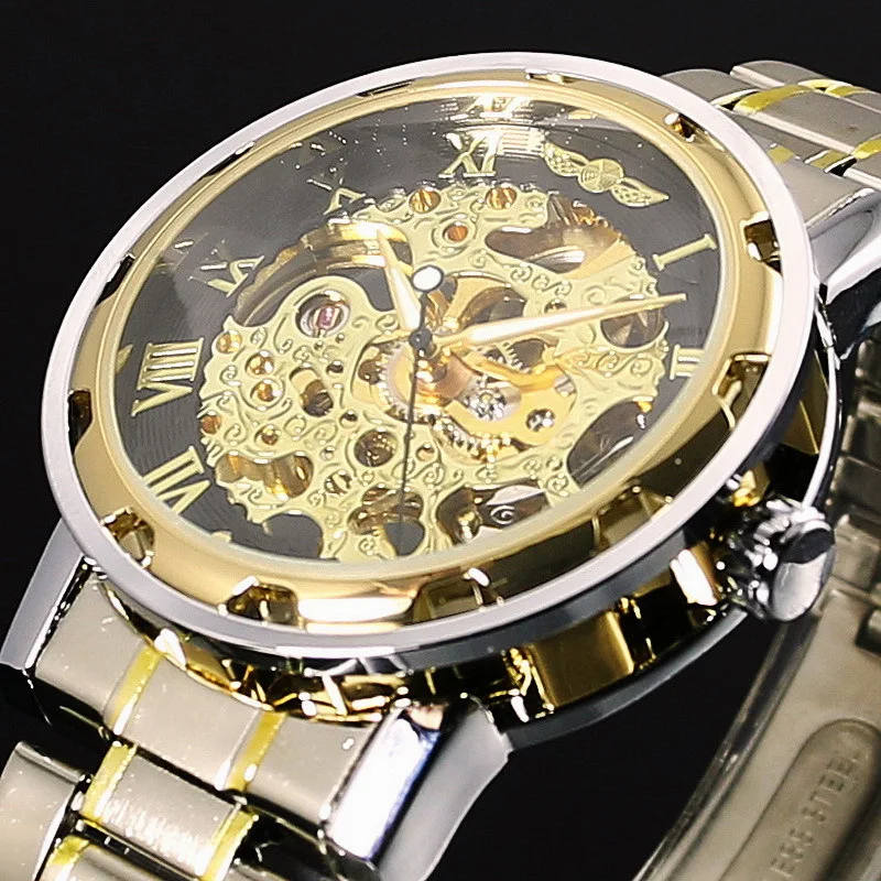 الفائز الذهب الرجال الهيكل العظمي الميكانيكية ووتش الصلب stainess الصلب اليد الرياح ساعات شفافة Steampunk Montre أوم ساعة اليد