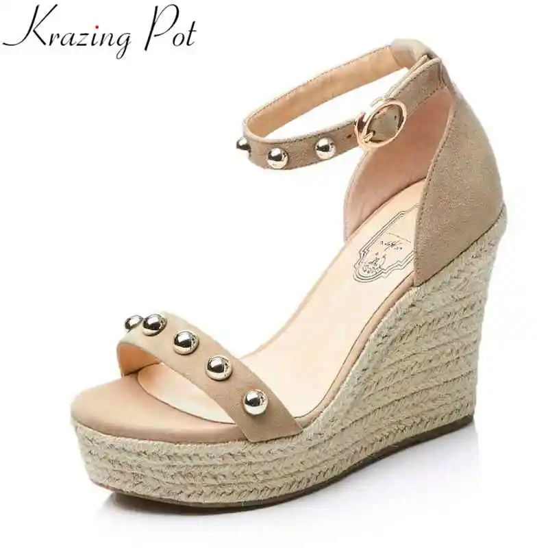 2018 Krazing Pot new peep toe buckle straps metal bead inserted women sandals runway increased super high heels wedges shoes L76