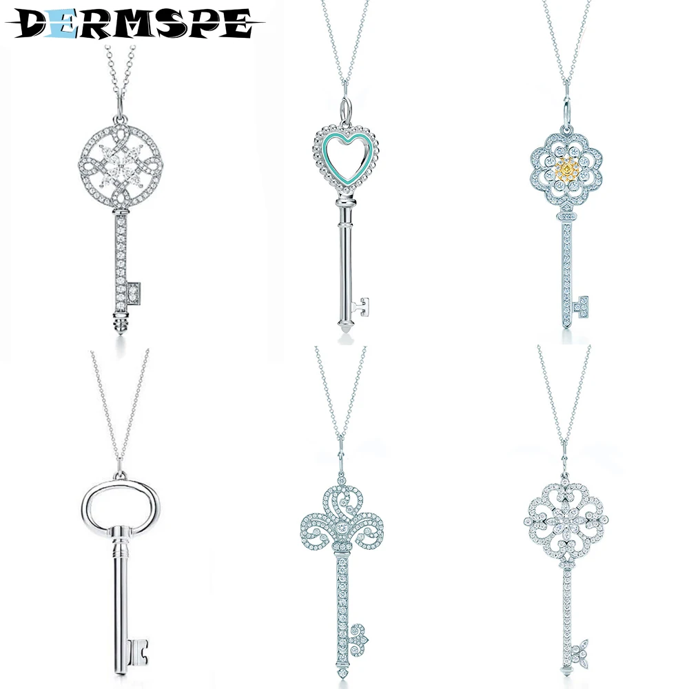 

DERMSPE 925 Sterling Silver New Fashionable Temperament Elegant Key Necklace Lady Charm Zircon Key Clavicle Chain Jewelry