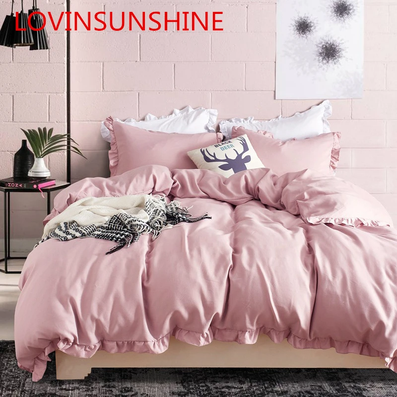 

Solid Colors Fitted Bed Sheet Bedding Cover With Ruffle Kwaii Pink Princess Bedding Set 3 Pcs US Size Luxurious Duvet Cover