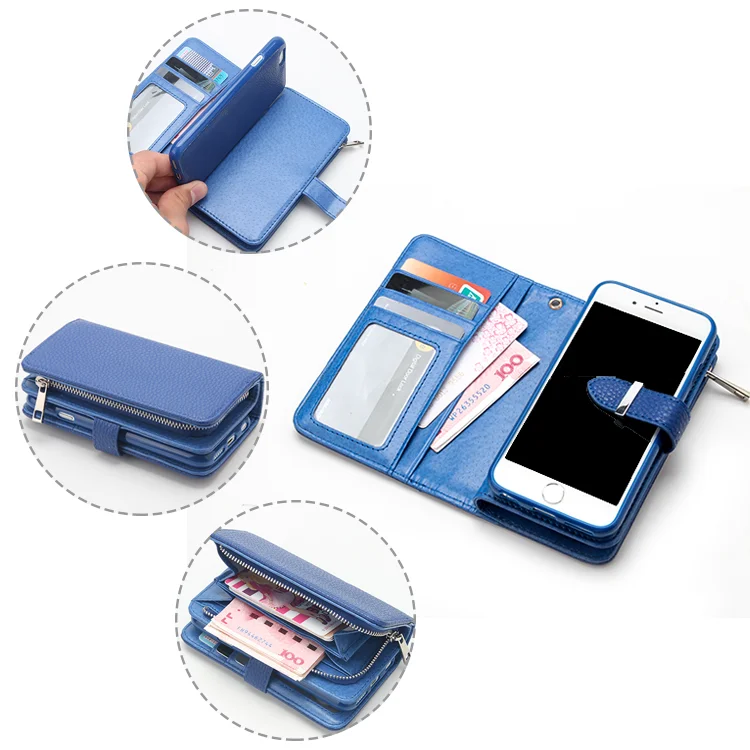 Чехол из искусственной кожи для iphone 7, съемный чехол-портмоне с отделением для карт на молнии для iphone 7, 7 Plus, 8, 6S Plus, X, XR, 11 PRO, Max - Цвет: Blue
