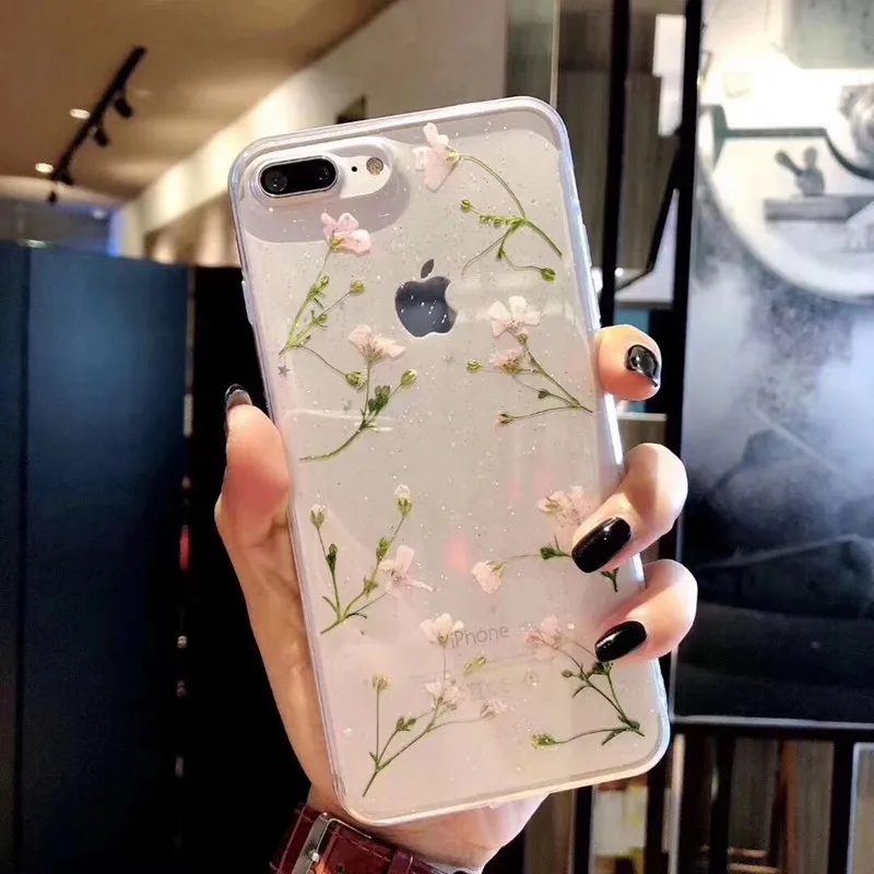 Real Dried Flowers Soft TPU Phone Case For iPhone X XR XS Max 6 6S 7 8 plus Silicone Cover Handmade Clear Pressed Case Coque New (10)