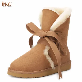 

INOE Sheepskin Suede Leather Fashion Girls Lace-up Mid-calf Short Winter Boots for Women Sheep Fur Lined Snow Boots Warm Shoes