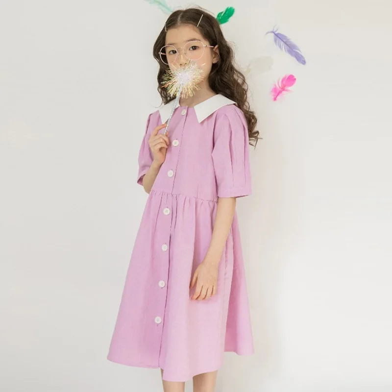 

2019 Summer New Korean Style Sweet Retro Big Girls Dress Long Square Solid Cotton Princess Dress Girls Dresses For Party